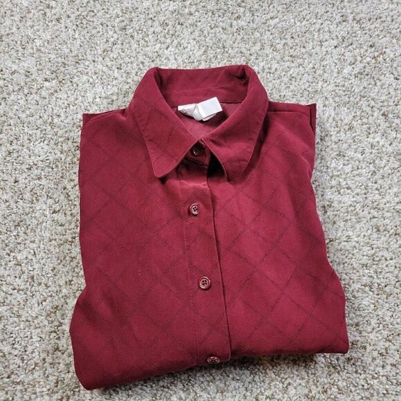 Talbots Shirt Womens Small Petite Burgundy Red Button Up Soft Polyester Argyle - Picture 8 of 8